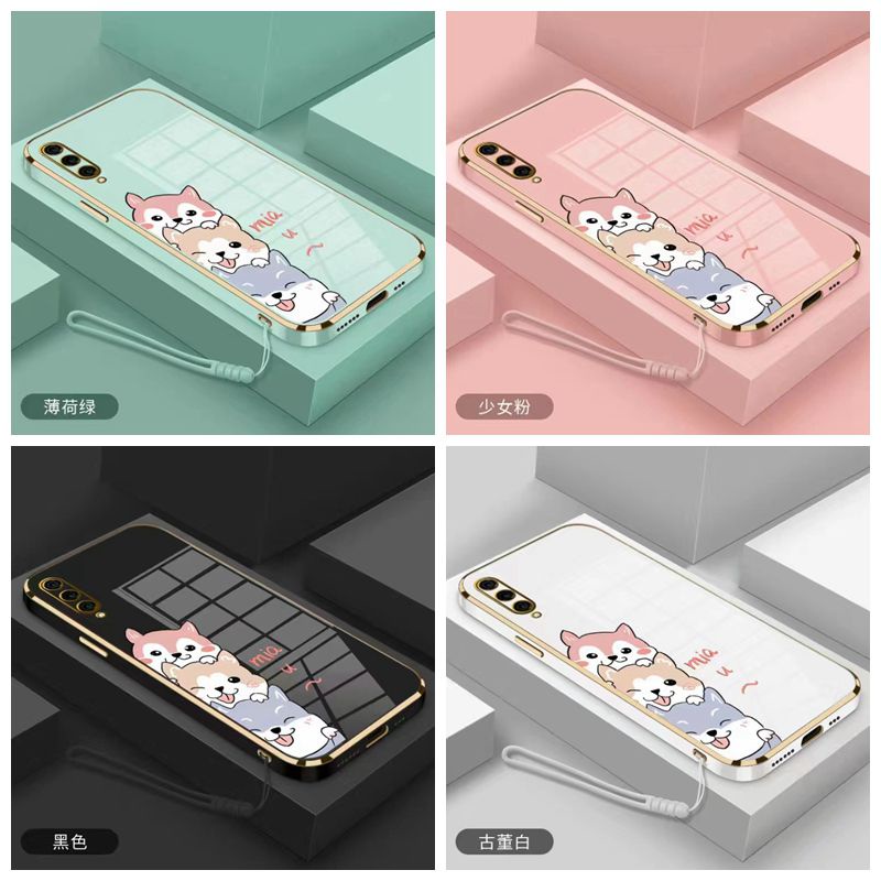Ốp lưng Realme C3 3 3i 6S 6 6 Pro 7 Pro 3 Pro X7 X7 Pro Cạnh thẳng 90 ° mạ điện hoạt hình Bao đựng điện thoại Shiba Inu có dây buộc