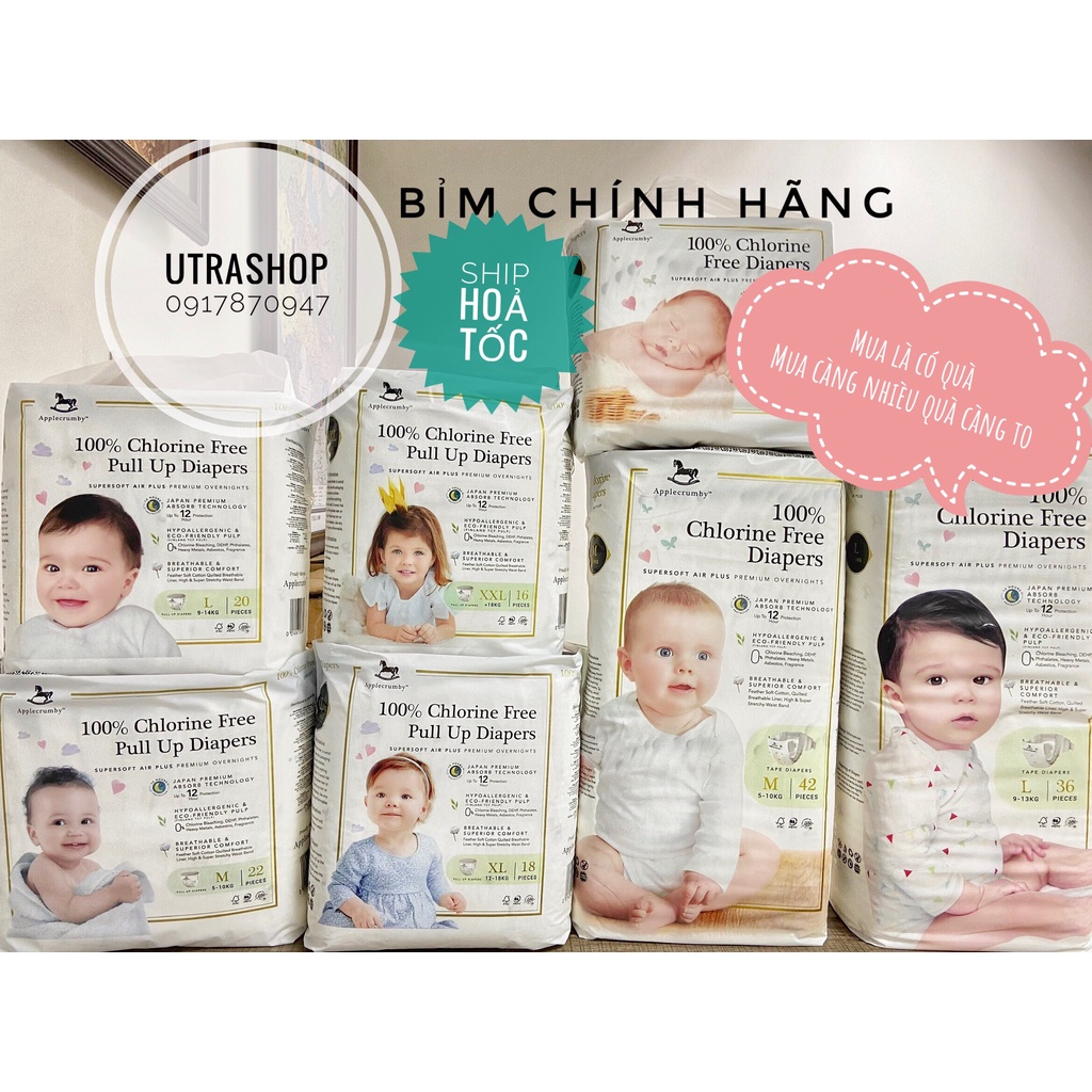 Bỉm dán/quần APPLECRUMBY Malaysia OVERNIGHT M22/L20/XL18/XXL16 SLIM M15/L14/XL13/XXL12