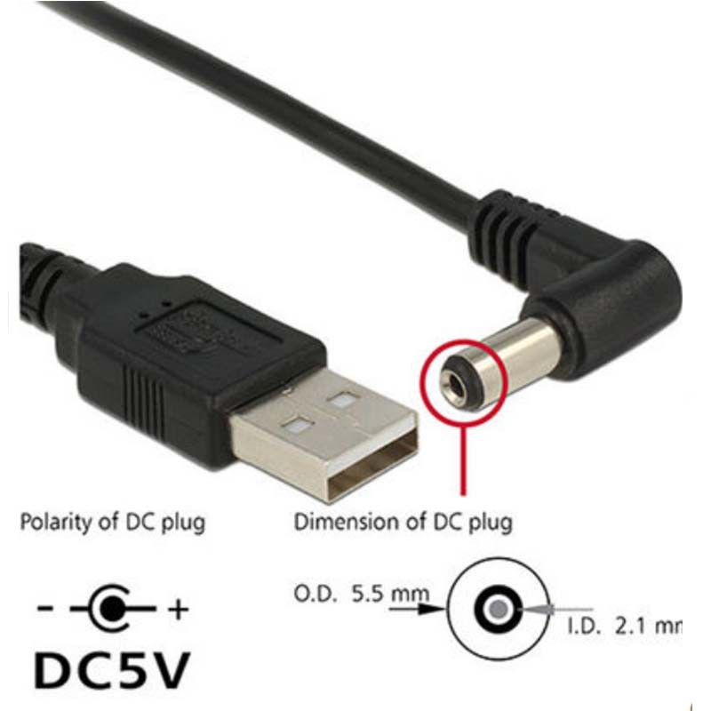 Dây cáp kết nối nguồn đầu cắm USB sang đầu cắm 5V DC 5.5mm x 2.1mm 90 độ