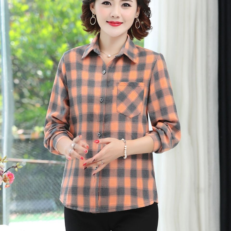 Spring and summer new products cotton sanding plaid shirt middle-aged women's long-sleeved Korean version of loose loose all-match casual women's blouse mother dress