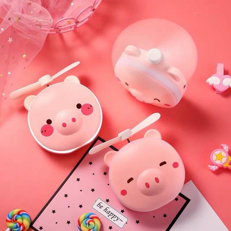 Quạt Mini Cầm Tay - Quạt Hình Heo 3 in 1 (Quạt + Gương + Đèn) Dễ Thương, Đáng Yêu, Quạt Đa Năng Có Gương Soi Và Đèn Sáng