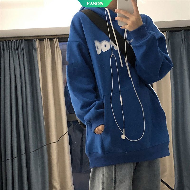 Áo Hoodie Dáng Rộng Đơn Giản Phong Cách Đường Phố Mỹ Mới Mùa Thu Kích Thước Lớn Màu Xanh Dương Cho Nữ