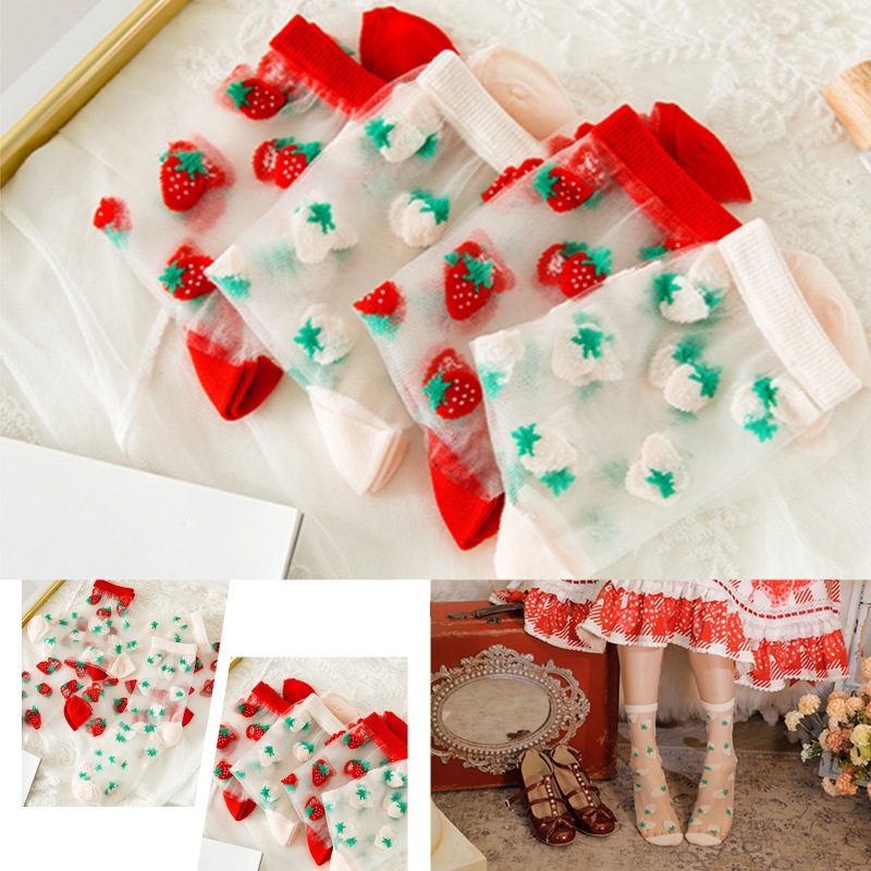 Xiangbao Vớ Lưới Thoáng Khí In Hình Trái Dâu Tây Ngọt Ngào Harajuku Lolita Mùa Hè Cho Nữ