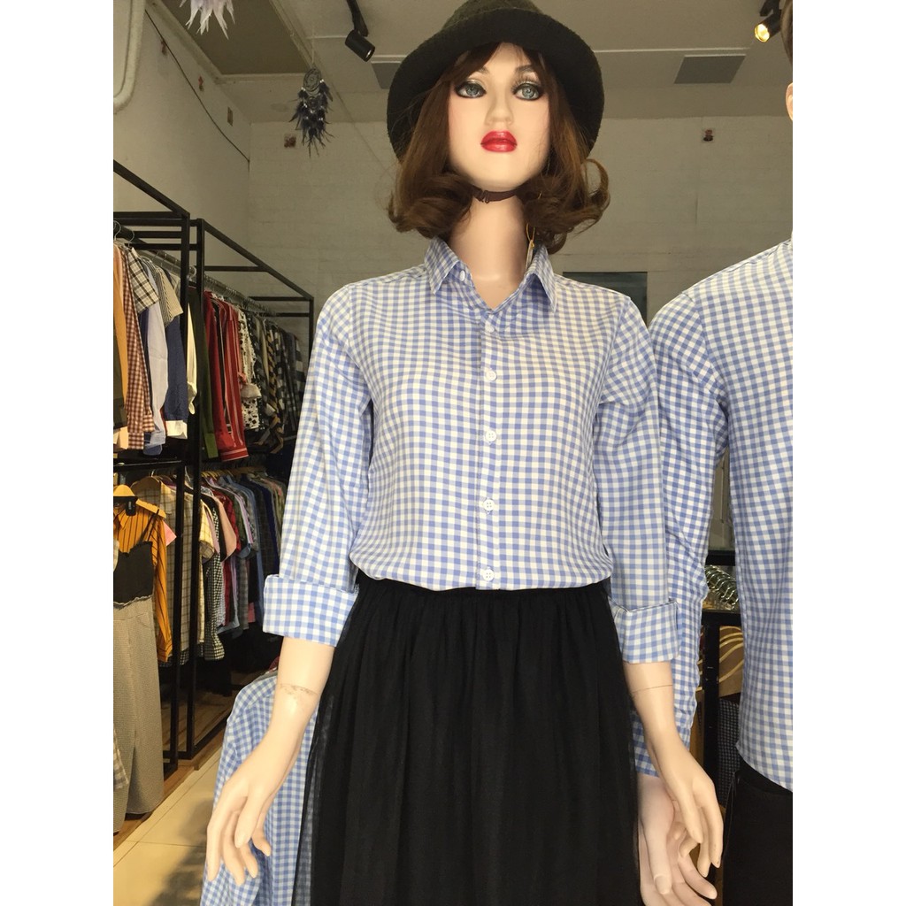 Áo sơ mi caro cặp màu xanh 147A