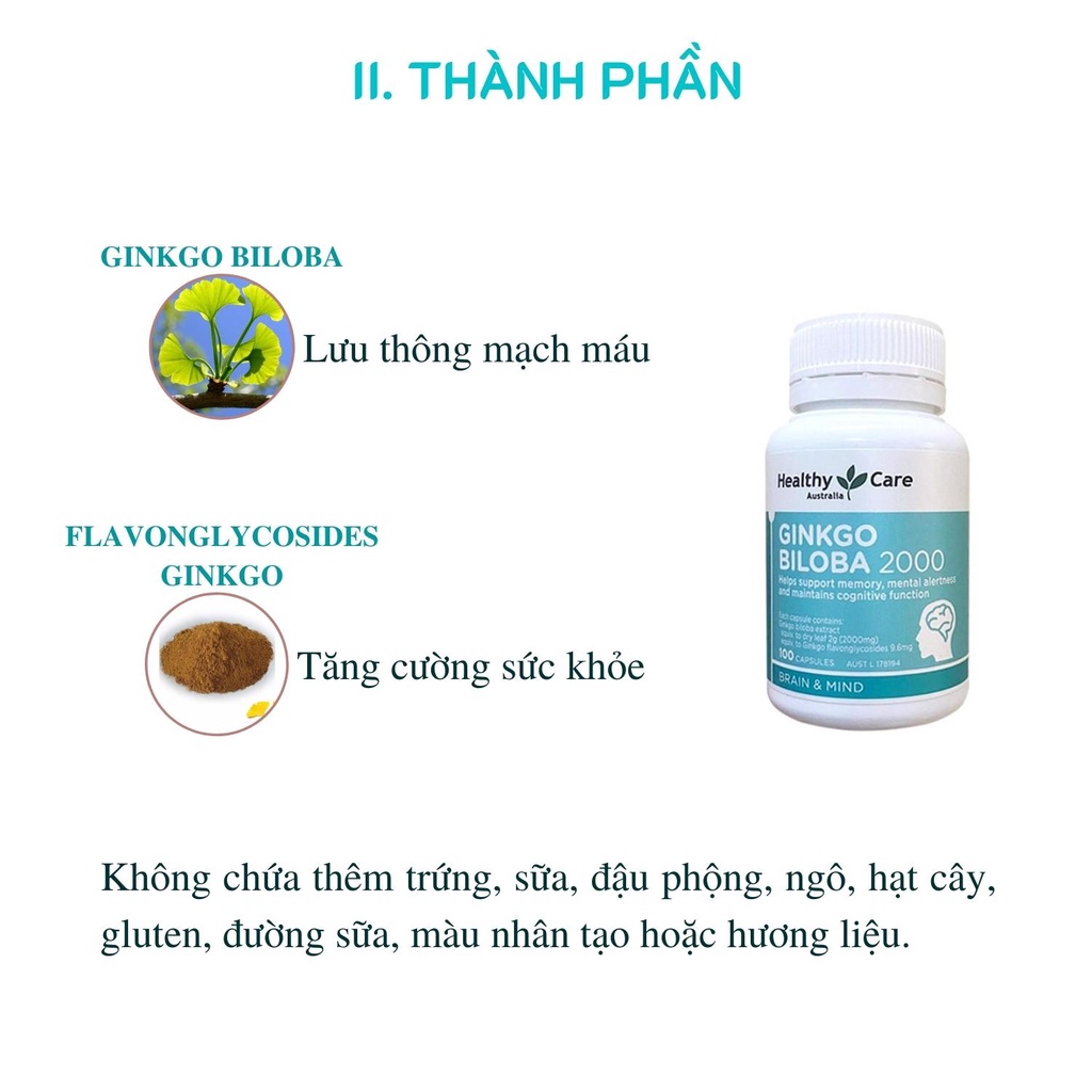 Viên uống bổ não Ginkgo Biloba 2000mg Healthy Care 100 viên - Sản phẩm chính hãng