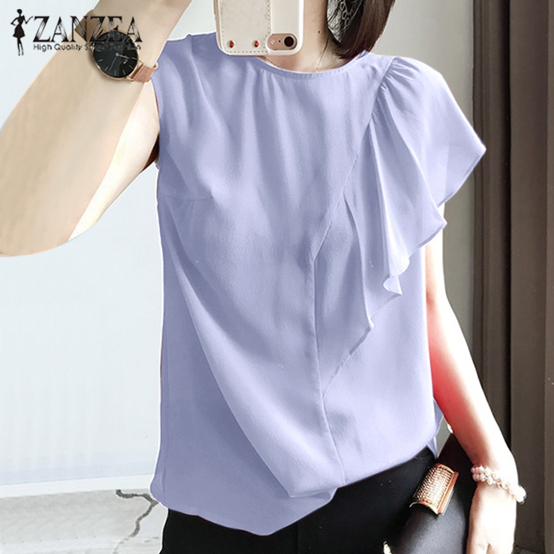Zanzea Áo Kiểu Cổ Tròn Tay Phồng Phối Bèo Và Nút Sau Lưng Thời Trang Cho Nữ