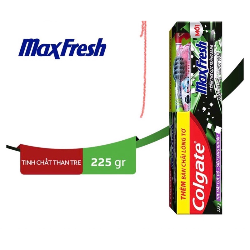 1 Tuýp Kem đánh răng hơi thở thơm mát và làm trắng răng Colgate Maxfresh Bamboo Charcoal 225g kèm bàn chải lông tơ