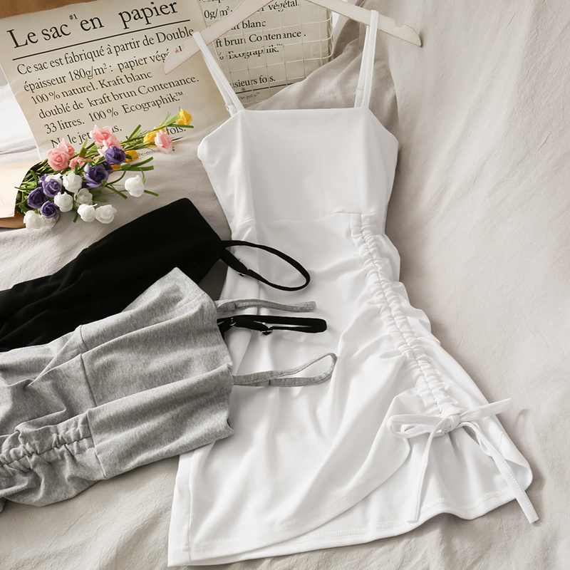 IELGYĐầm Ngắn Hai Dây Rút Dây Màu Đen Trơn Phong Cách Đơn Giản Dành Cho Nữ