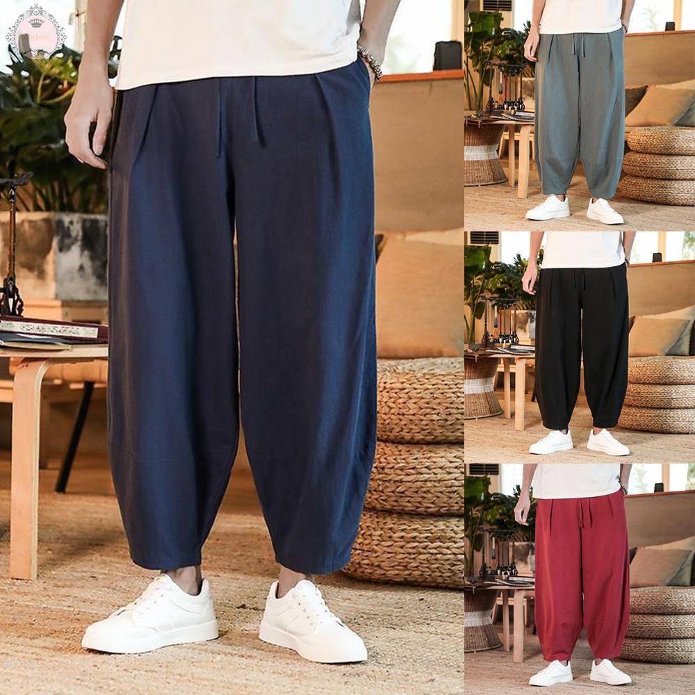Mens Linen Cotton Pants Harem Loose Baggy Casual Breathable Soft Bottom Trousers