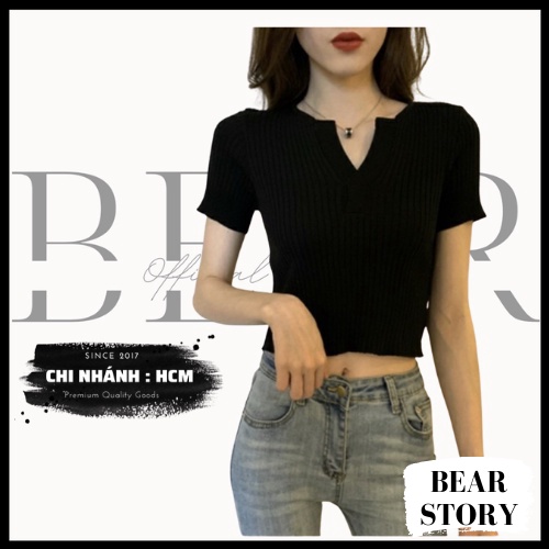 ÁO NỮ CROPTOP GÂN TAY NGẮN XẺ CỔ V | ÁO THUN NỮ DẠNG CROPTOP ĐẸP- AK0037 | bear.story
