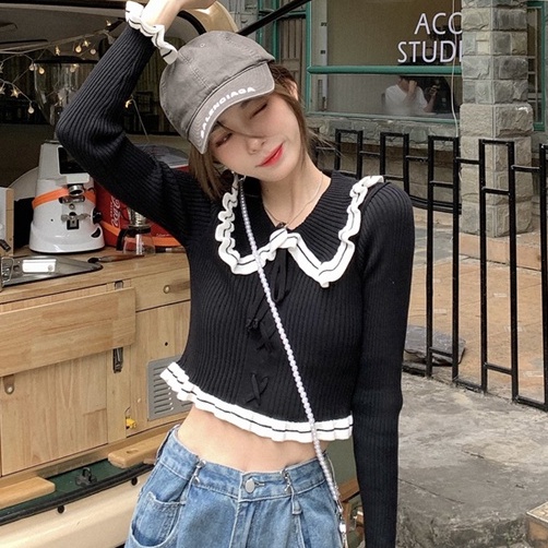 Áo dệt kim ZHELIHANGFEI tay dài cổ búp bê hở eo quyến rũ trẻ trung cho nữ