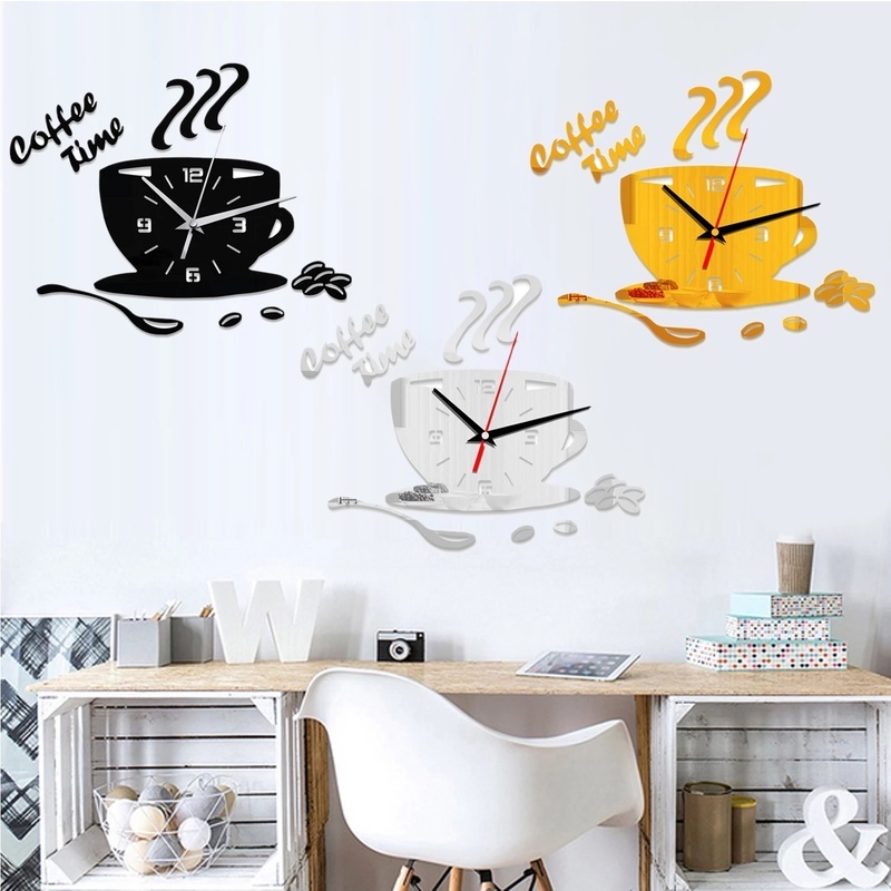 Đồng Hồ Dán Tường Mặt Gương Thiết Kế 3D Hình Tách Cà Phê Siêu Bền Độc Đáo Trang Trí Nhà Cửa DIY
