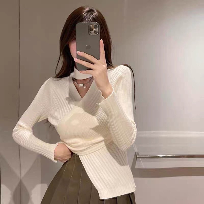 Áo len vạt chéo cổ choker siêu sang, áo len nữ cách điệu phong cách Hàn Quốc