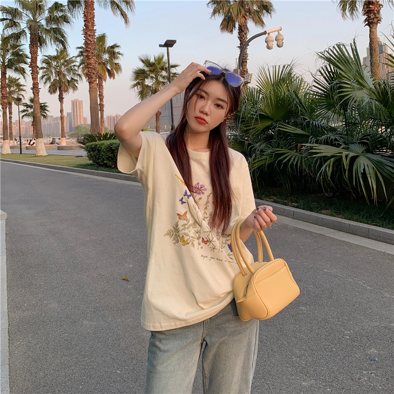 Áo thun SUXI cotton tay ngắn cổ tròn in họa tiết hoa phong cách Hàn Quốc trẻ trung cho nữ