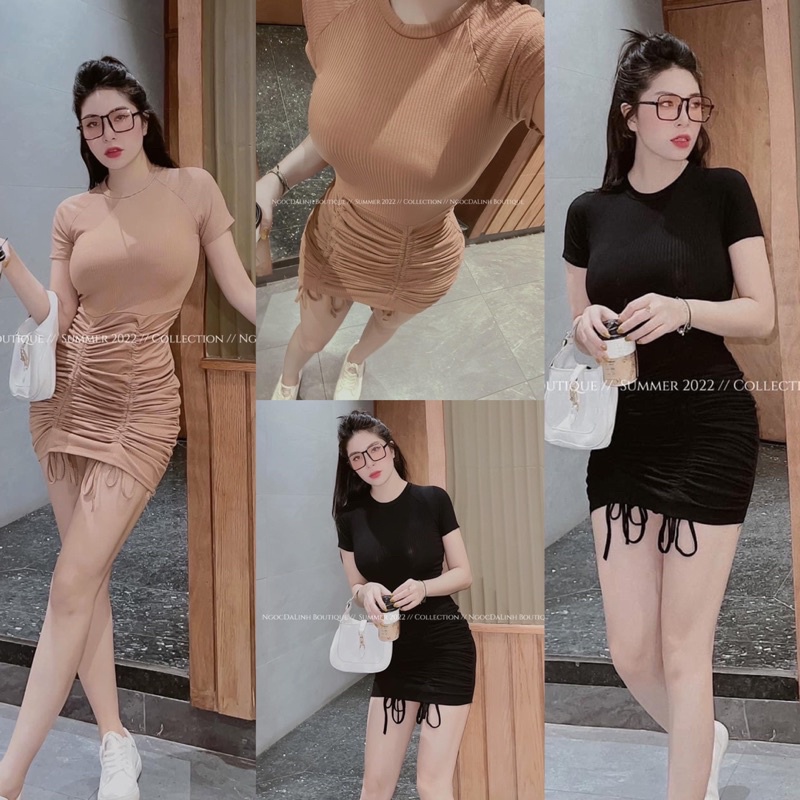 Đầm Body Sexy Váy nữ Dự tiệc thiết kế bó nhún rút dây ngắn ôm eo sang chảnh 2 màu ( Đen Nâu )