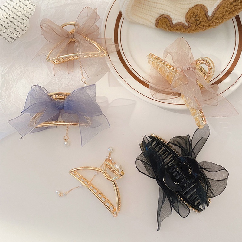 Kẹp gắp tóc hình nơ bằng hợp kim phối ren đính hạt ngọc trai giả thời trang Hàn Quốc cho nữ