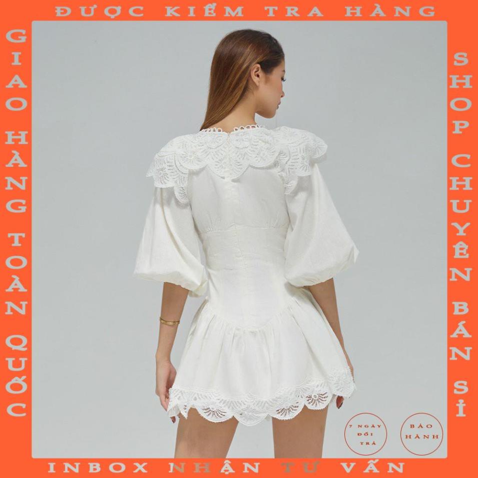 DEAR JOSÉ - Đầm xòe ngắn cổ V phối ren tay lửng Make Me Sway trắng luongphon