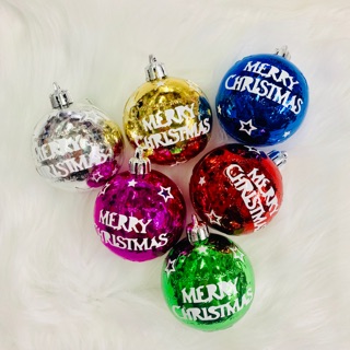 Set 6 trái châu in chữ Merry Christmas đủ màu 6cm 8cm phụ kiện trang trí cây thông noel - giáng sinh