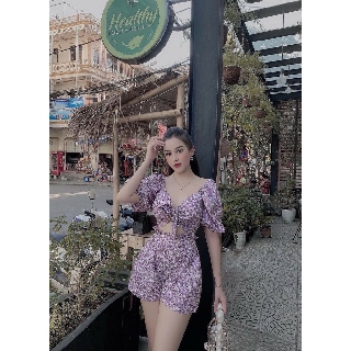 Sét trang phục nữ nhúm ngực họa tiết hoa