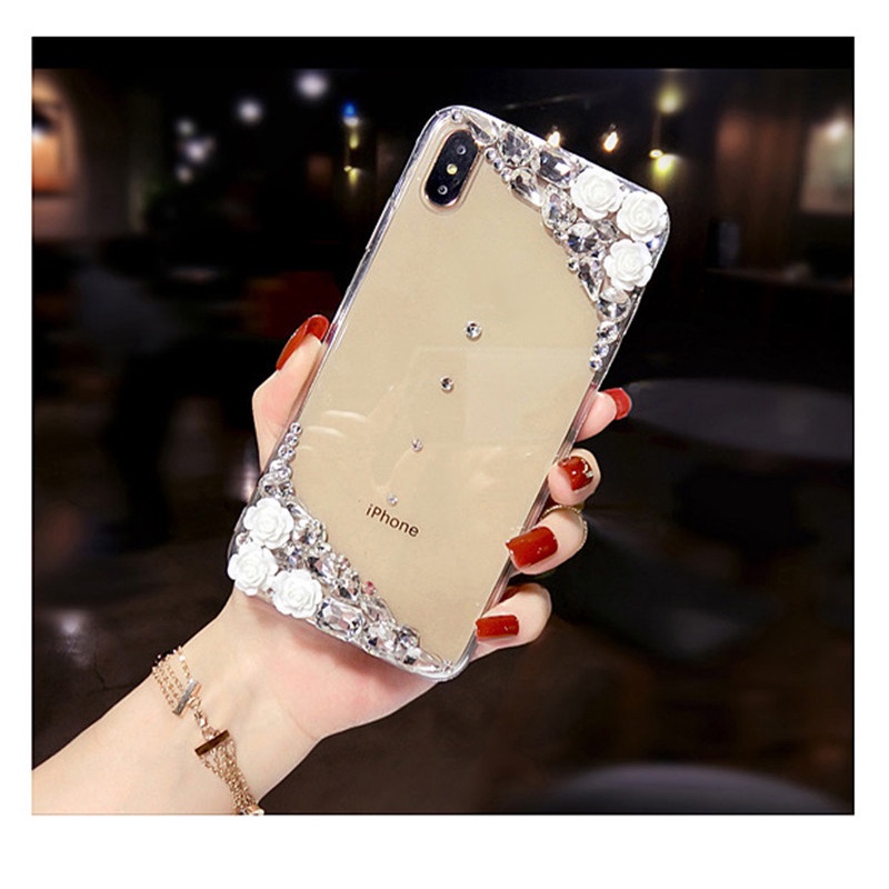 Bling Hoa Trắng Kim Cương Lấp Lánh Ốp điện thoại Cho iPhone 14 13 12 11 Pro Max X XR XS 7 8 Plus Nữ Sang Trọng Lấp Lánh Kim Cương Giả Trong Suốt Mềm TPU Ốp điện thoại