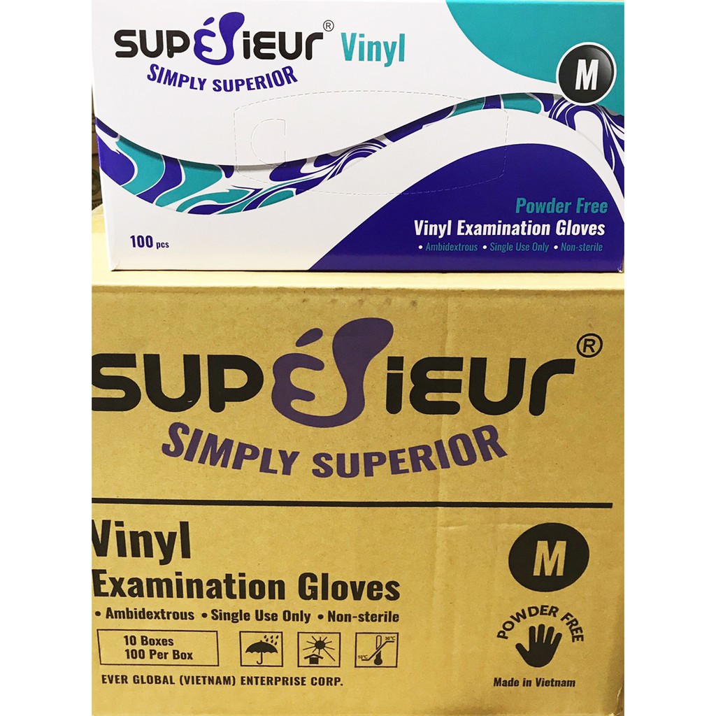 Găng Tay Cao Su Y Tế Vinyl Cao cấp Superieur Không Bột – Màu Trắng Trong  Đủ Size S M L 1 Hộp 50 Đôi
