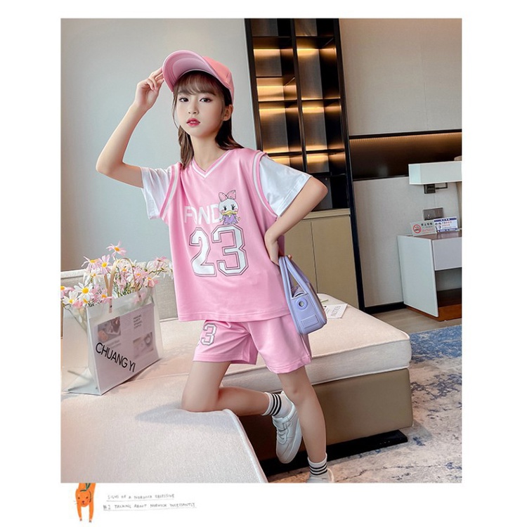 Bộ Trang Phục Thể Thao Hai Mảnh Mùa Hè Gồm Áo Thun Và Quần Short Bóng Rổ Phong Cách Phương Tây Cho Bé Gái