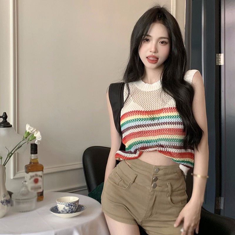 Áo Tank Top Không Tay Cổ Tròn Họa Tiết Kẻ Sọc Màu Tương Phản Thời Trang Hàn Quốc Cho Nữ