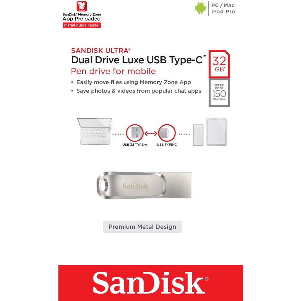 USB 3.1 Sandisk Ultra Dual Drive Luxe OTG Type-C DDC4 32GB OTG SDDDC4-032G-G46 | BigBuy360 - bigbuy360.vn