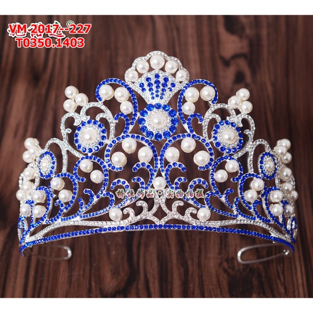 Vương miện cô dâu xanh biển đính hạt trai