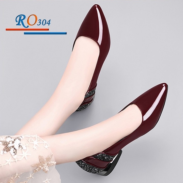 Giày búp bê nữ cao gót 2 phân hai màu đen đỏ hàng hiệu rosata ro304