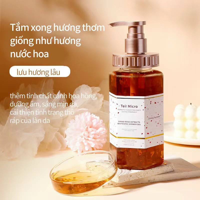 Sữa Tắm Trắng Da Nước Hoa Cánh Hoa Hồng Teil Micro 500ml | Dạng Gel Tạo Bọt, Dưỡng Trắng Da, Ngừa Mụn Lưng