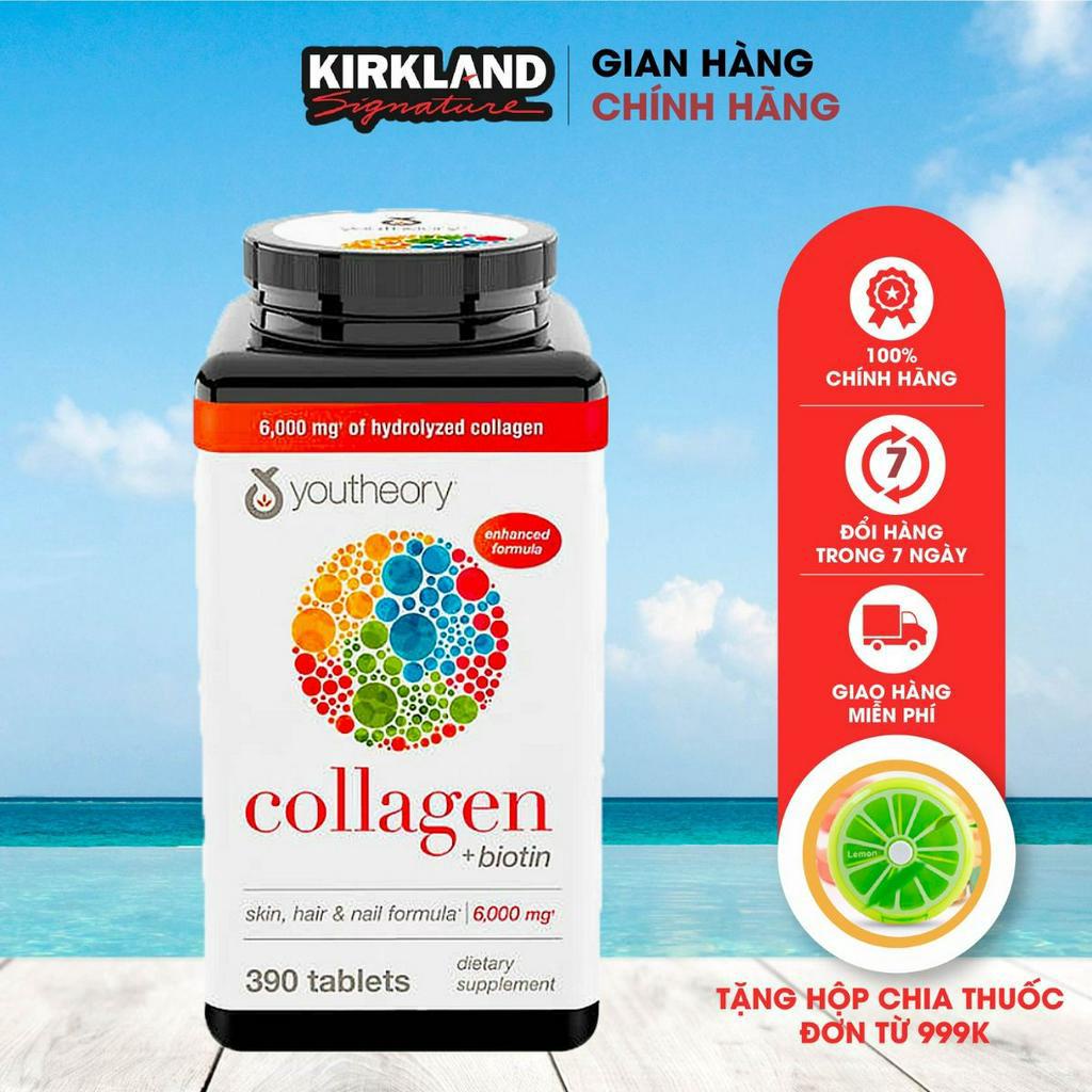 Viên uống Youtheory Collagen + Biotin 6000mg 390 viên bổ sung Collagen Kirkland Signature của Mỹ