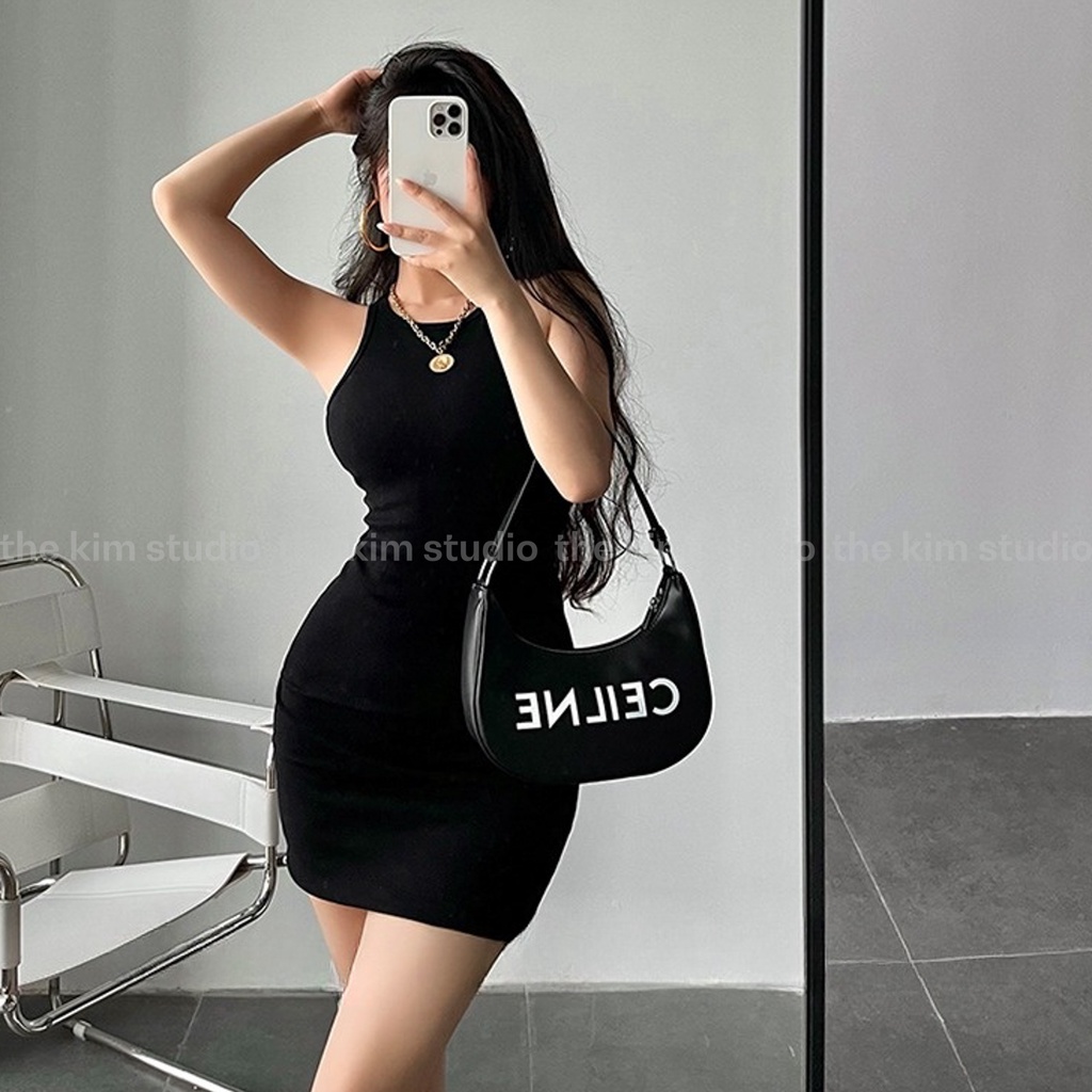 Váy body thun tăm ba lỗ The Kim , đầm body ngắn ôm sát người mini dress đen V151