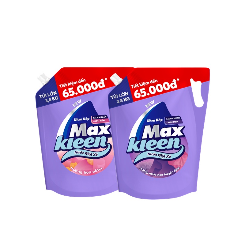 Combo 2 Túi nước giặt xả MaxKleen Hoa nắng + Huyền diệu 3.8kg/túi