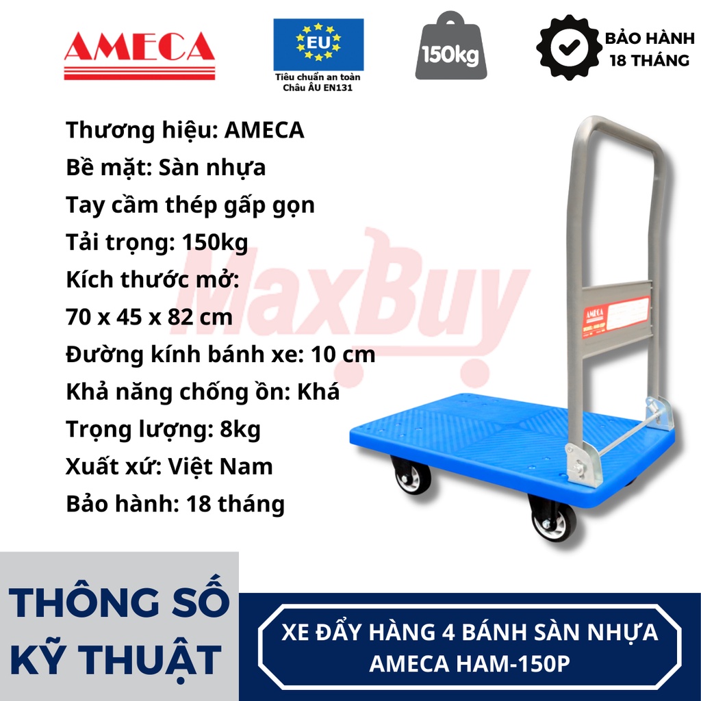 Xe đẩy hàng kéo hàng 4 bánh nhựa giảm ồn tốt sàn nhựa gấp gọn AMECA tải trọng 150kg giao hỏa tốc HN