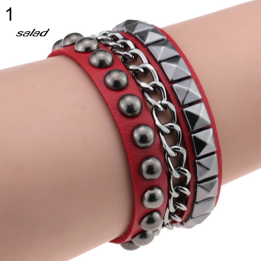 【SD】Women's Layered Punk Rock Rivet Bracelet Studded Faux Leather Metal Chain Bangle