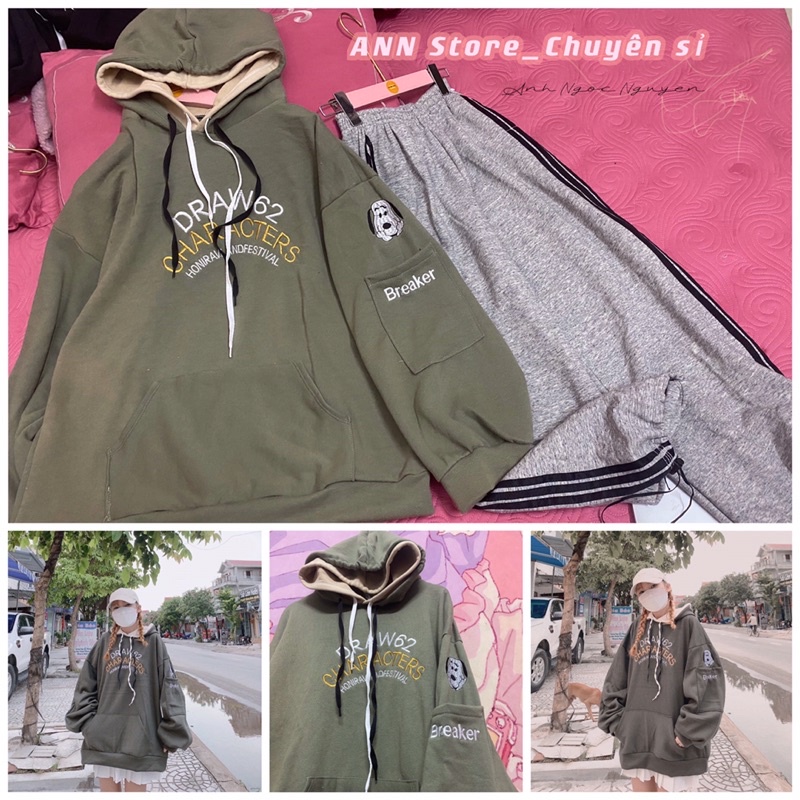 Áo nỉ hoodie 2 mũ xanh rêu thêu gấu nỉ tàu siuu ấm [annstore_ảnh thật]