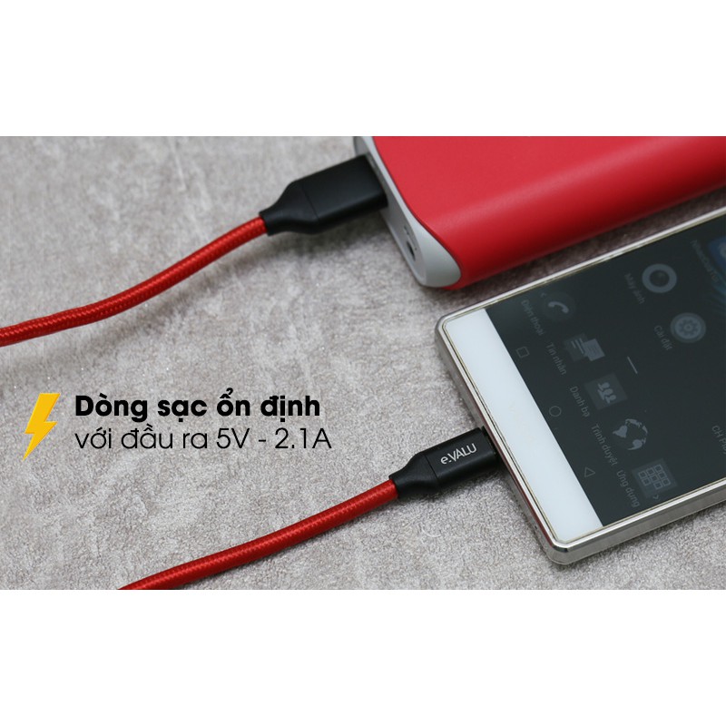 [CHÍNH HÃNG] Dây cáp Micro USB 1 m e.VALU LTM-01, Công suất tối đa 10W (5V-2.1A), Thân dây được bảo vệ bằng sợi nylon.