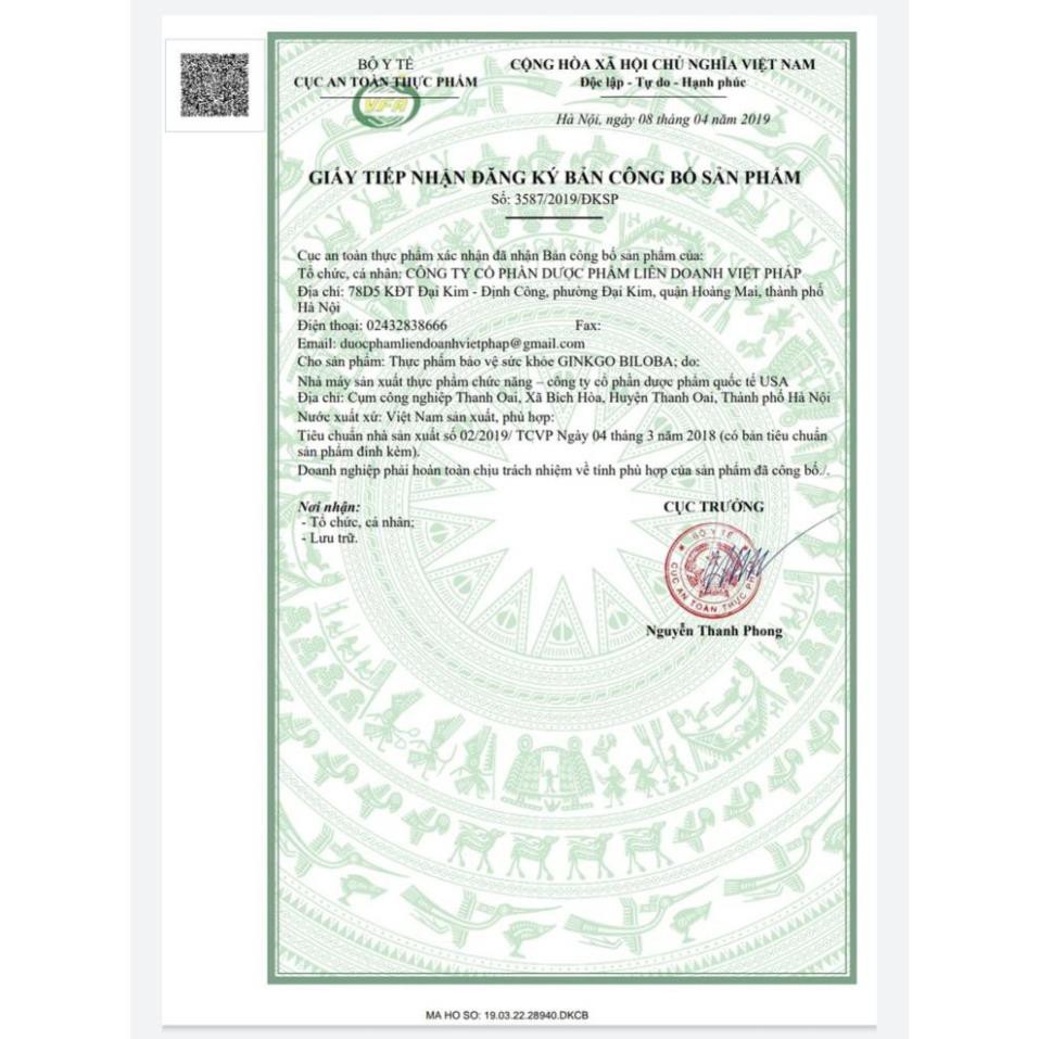 Hoạt huyết dưỡng não Ginkgo biloba 240mg HỘP 100