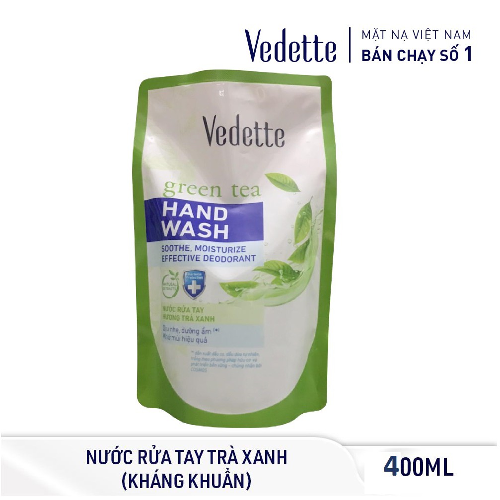 Nước Rửa Tay Trà Xanh 400ml Dạng Túi VEDETTE - KHÁNG KHUẨN VÀ DƯỠNG ẨM - TPM288