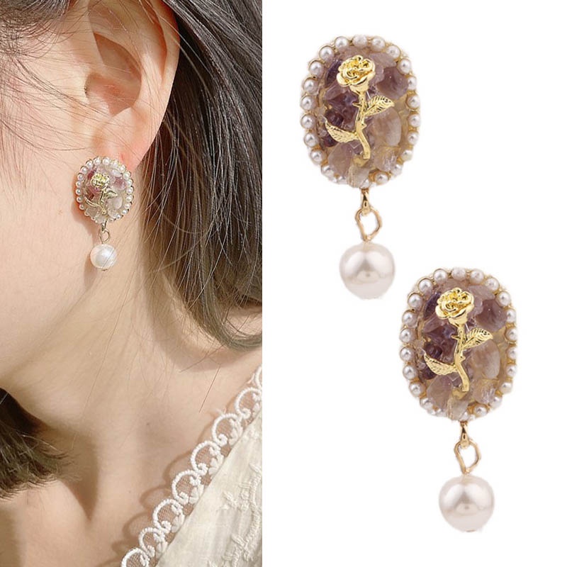 Bông tai mạ bạc 925 mặt tím hình hoa hồng đính ngọc trai thời trang sang trọng cho nữ