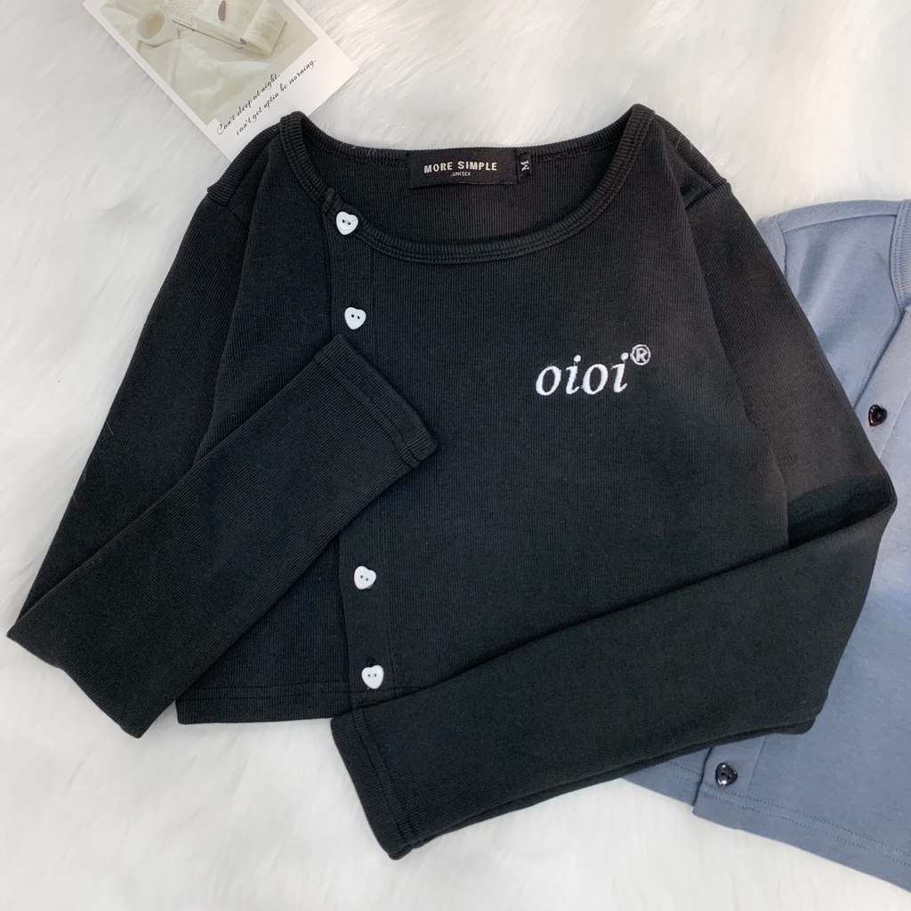 Áo Croptop Nữ Dài Tay OIOI Vải Thun Gân Phong Cách Ulzzang màu ĐEN/TRẮNG/XÁM