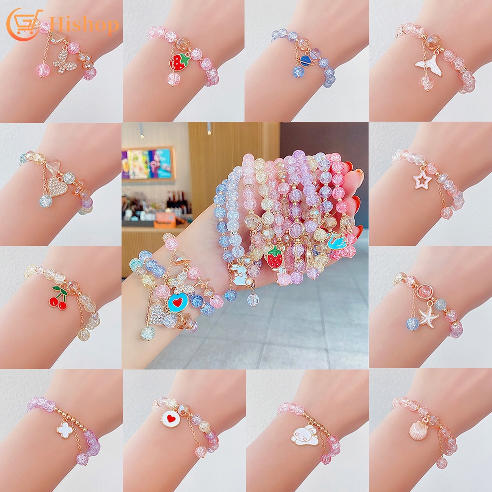 Vòng Đeo Tay Chuỗi Hạt Kính Nhiều Màu Hình Trái Tim/Bướm/Trái Tim Xinh Xắn Cho Bé