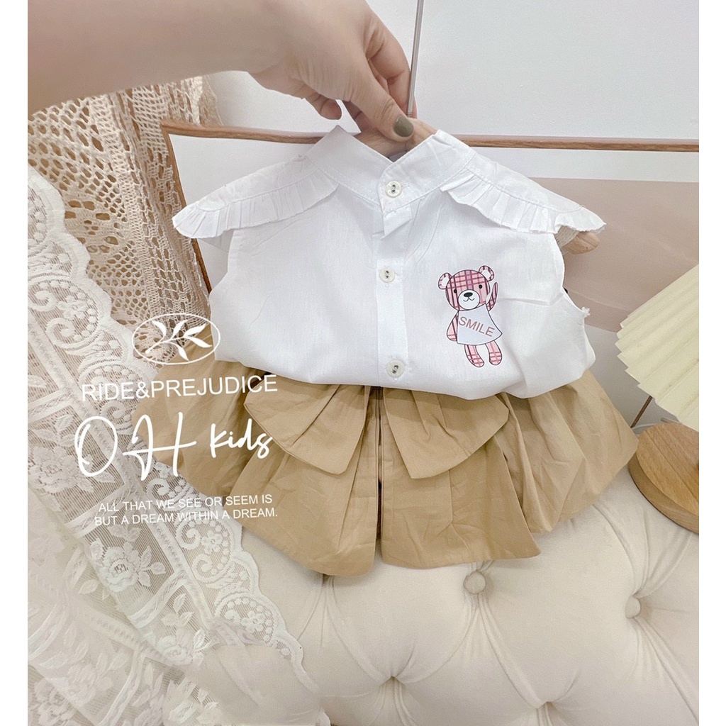 Set Bé Gái Phong Cách Áo Sơ Mi Cánh Tiên Sát Nách Trắng Vải Thun Đũi Quần Phồng