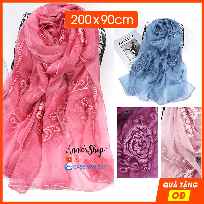 KH022 Khăn lụa thêu 3D Hoa hồng ren cao cấp
