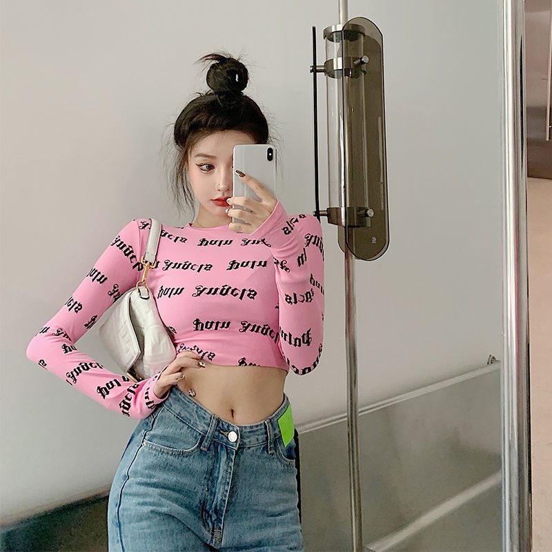 IELGY Áo Thun Lửng Tay Dài Dáng Ôm In Chữ Thời Trang Cho Nữ