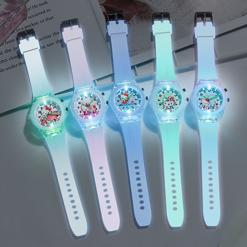 Đồng hồ đeo tay Hello Kitty dây đeo silicon dành cho bé gái có đèn nhấp nháy