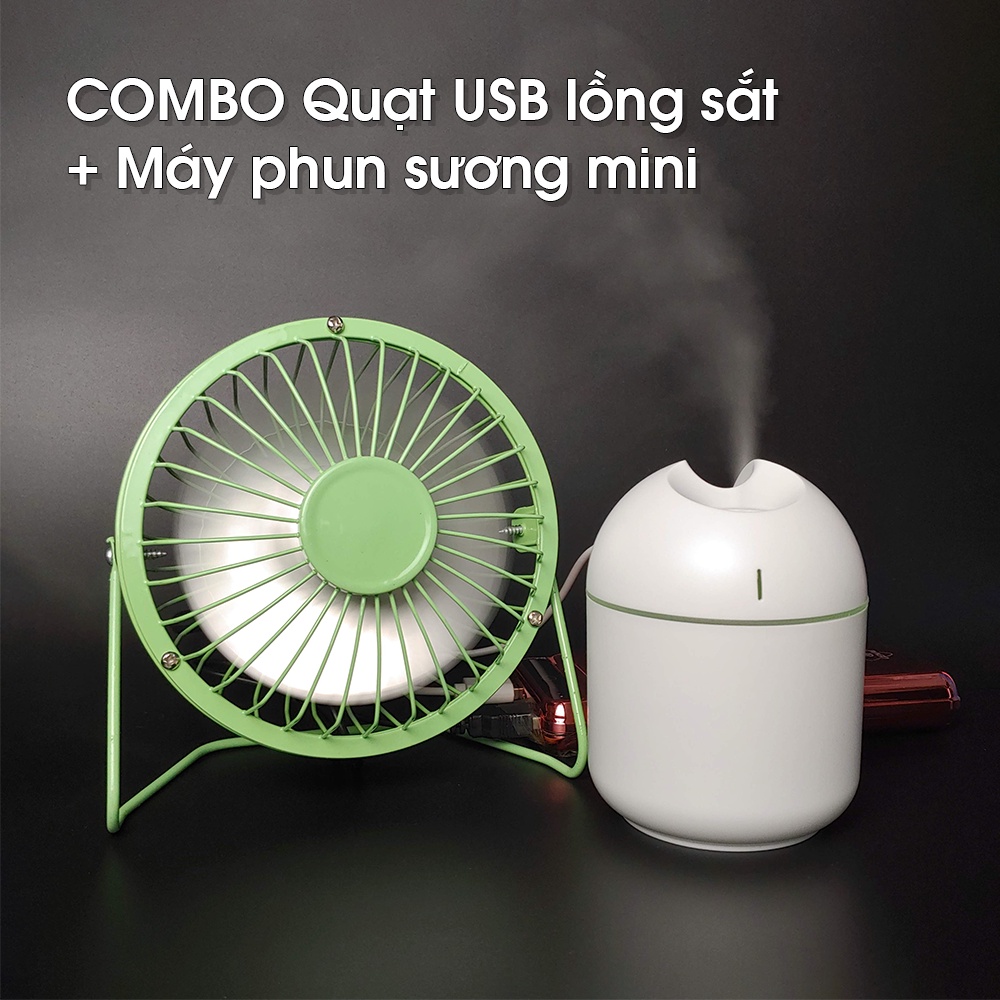 COMBO quạt USB lồng sắt + máy phun sương làm mát