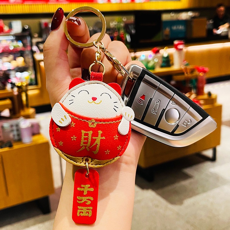 Móc Khóa Da Hình Chú Mèo May Mắn Đáng Yêu