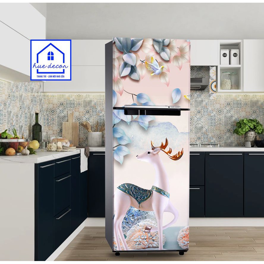 Decal tủ lạnh phong thuỷ Hươu tài lộc ( Bạc)  HUE DECOR Siêu bền, chống nước  phù hợp với mọi không gia